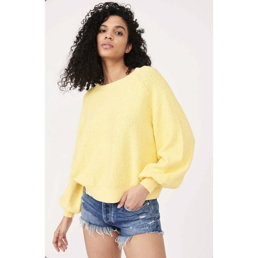 Free People Sweater Womens Size XL Sunshine Yellow Terry Cloth Ballon Sleeve NEW